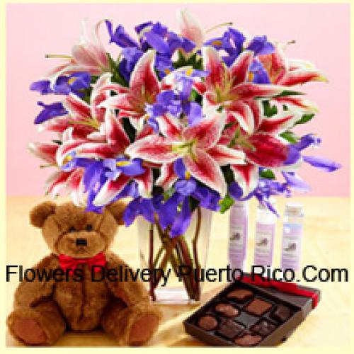 Lilies and Assorted Flowers with Teddy and Chocolates