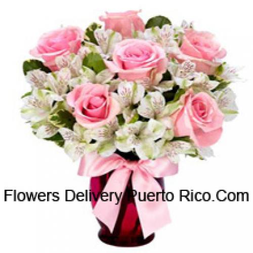 Beautiful Pink Roses and White Alstroemeria